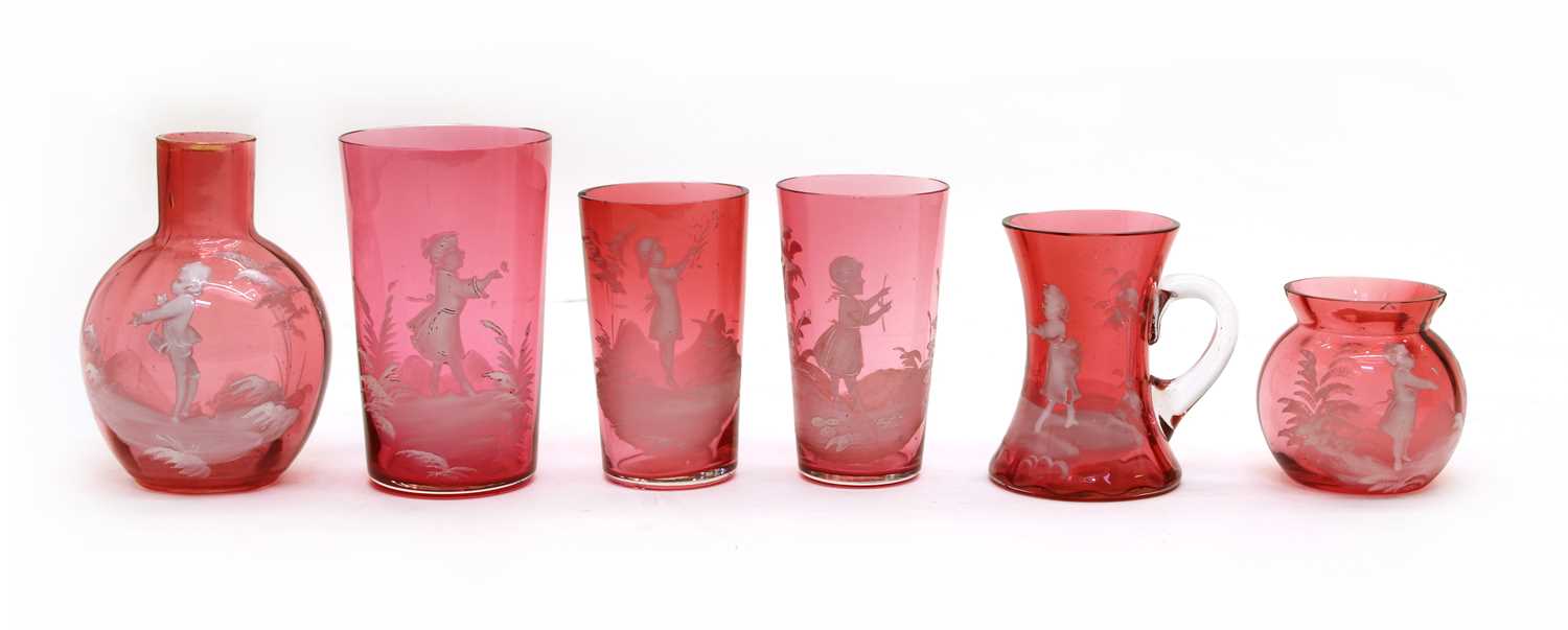 Six pieces of ruby 'Mary Gregory' glass,