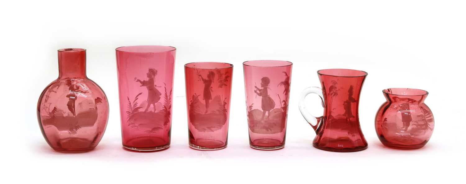 Six pieces of ruby 'Mary Gregory' glass, - Image 2 of 2