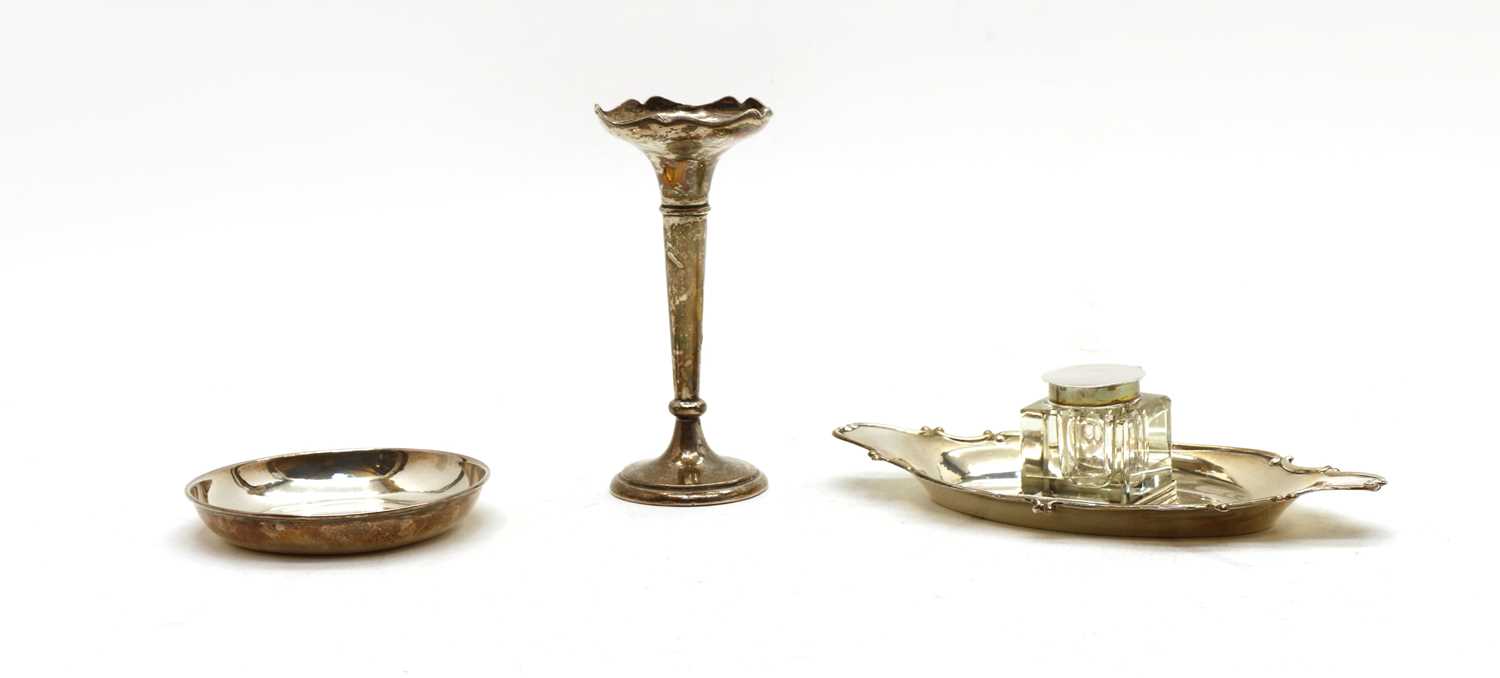 A silver inkstand, a specimen vase and a dish