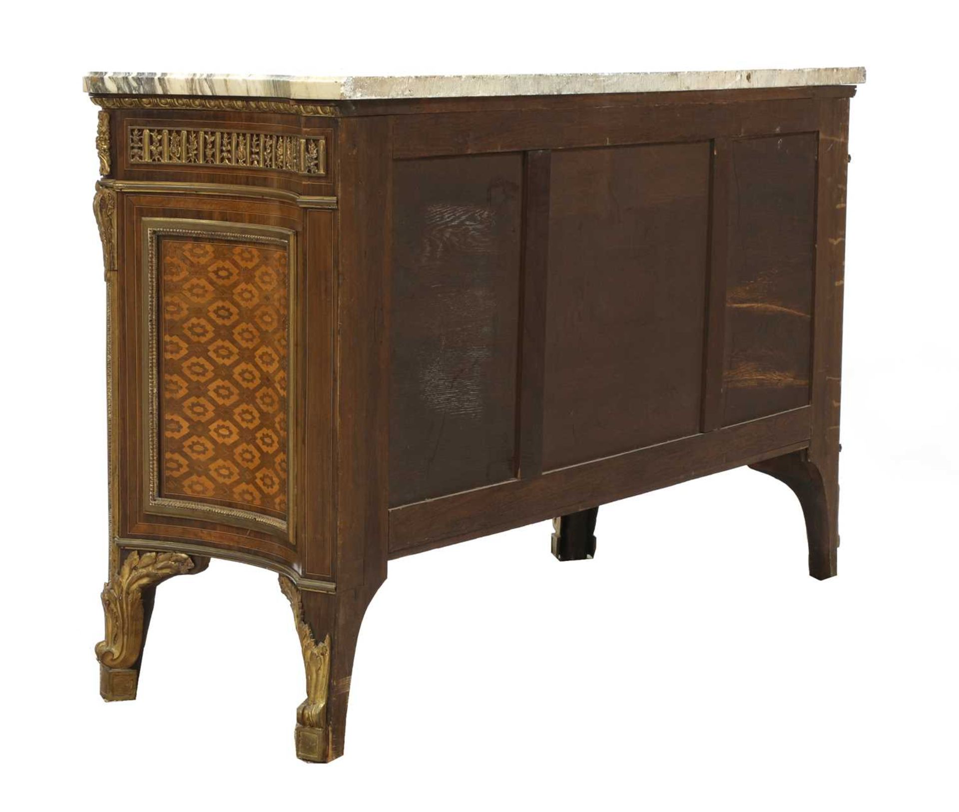 A Louis XVI-style inlaid, parquetry and mahogany marble top commode, - Image 7 of 9