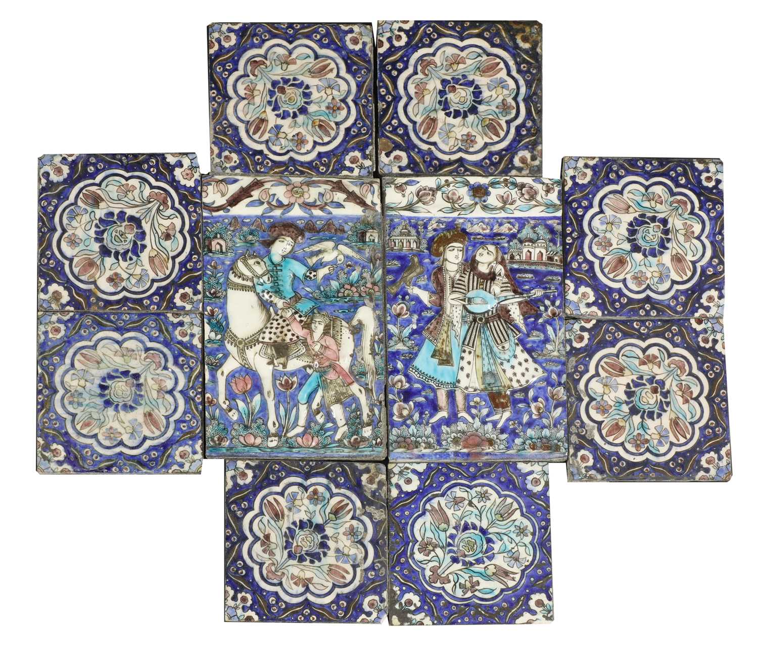 A pair of Persian pictorial pottery tiles,