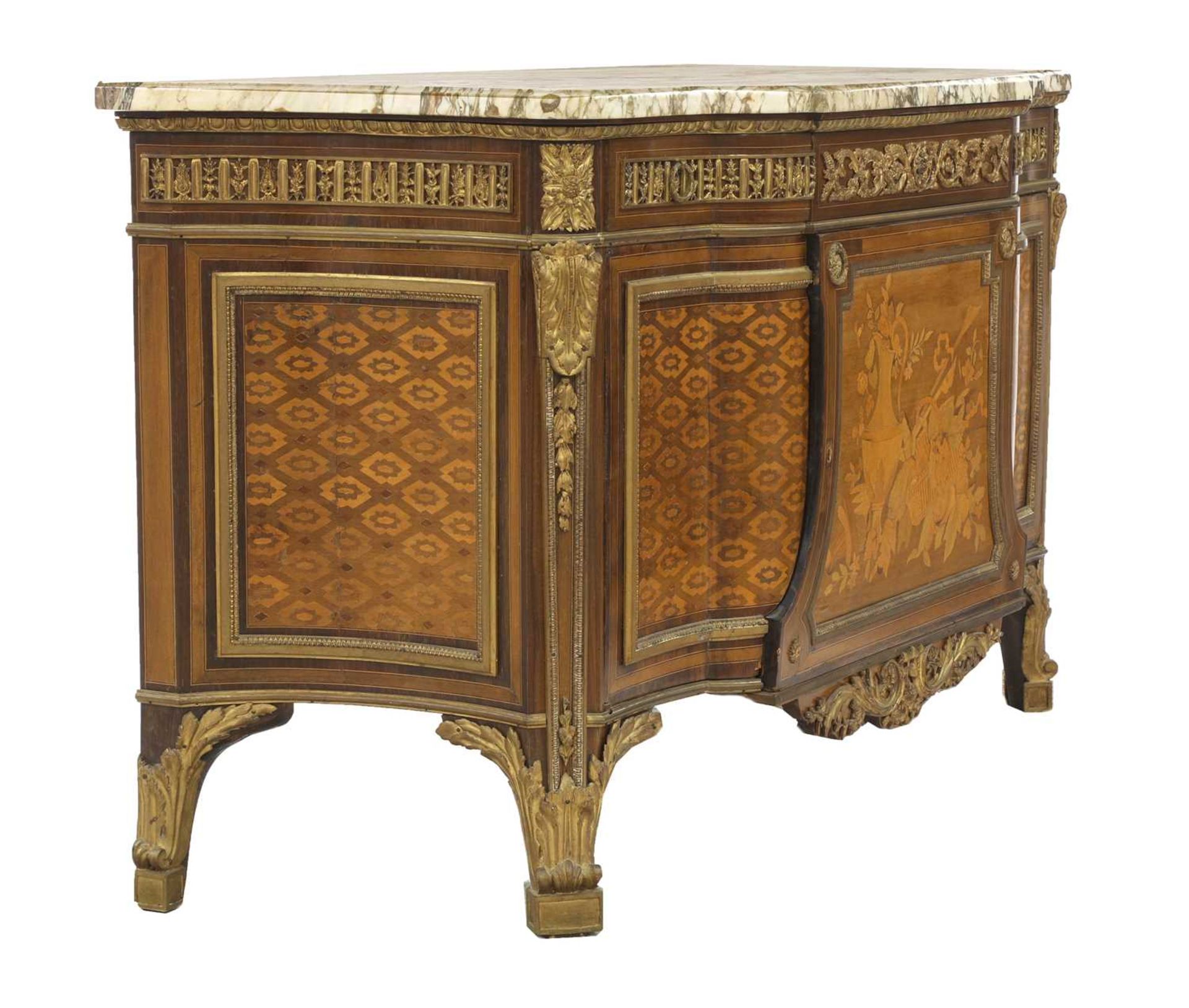 A Louis XVI-style inlaid, parquetry and mahogany marble top commode, - Image 3 of 9