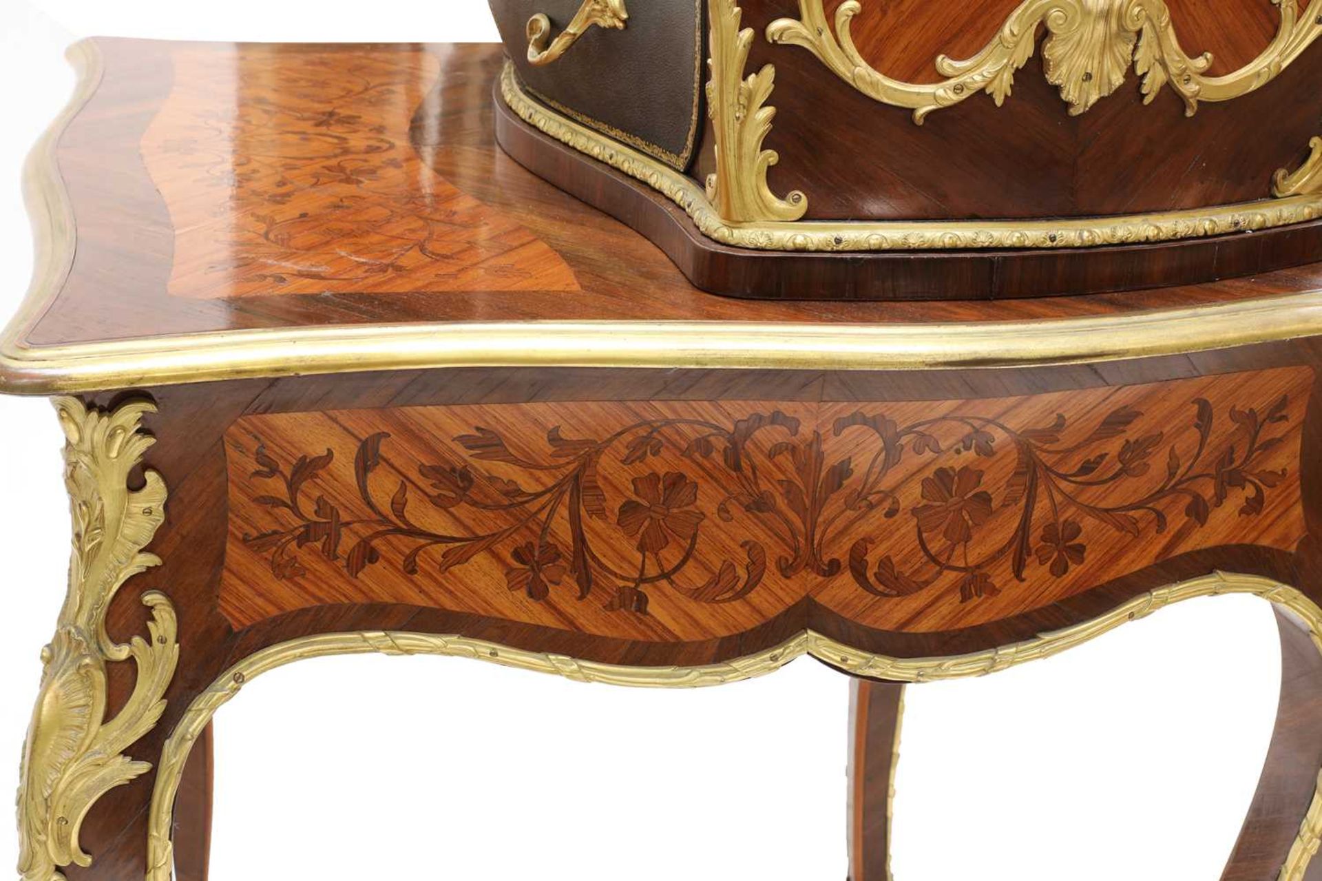 An extraordinary Louis XV-style rosewood marquetry and gilt-bronze writing table and cartonnier, - Image 6 of 11