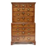 A George I walnut secretaire chest on chest,