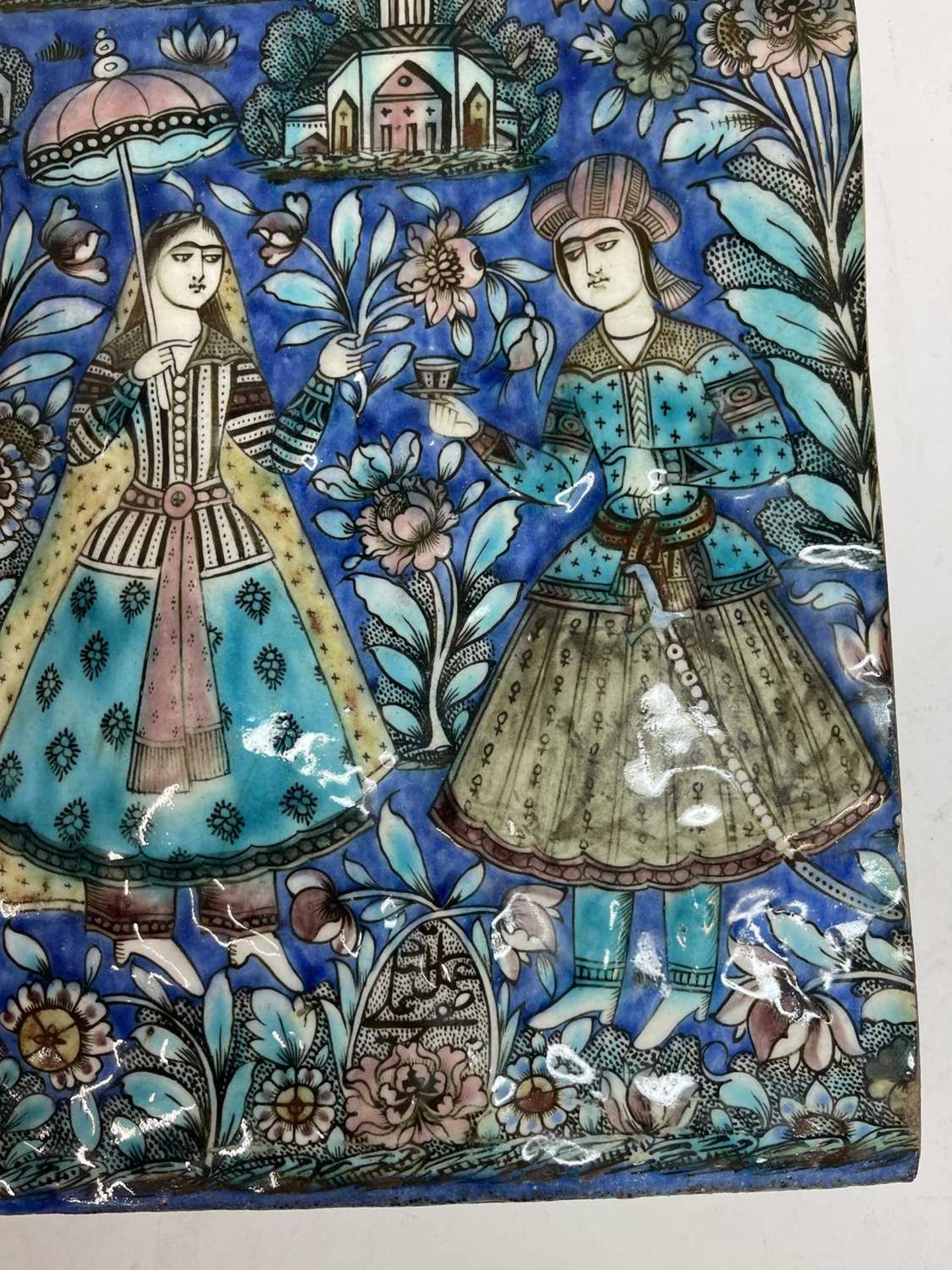 A near pair of Qajar pottery tiles, - Image 31 of 31