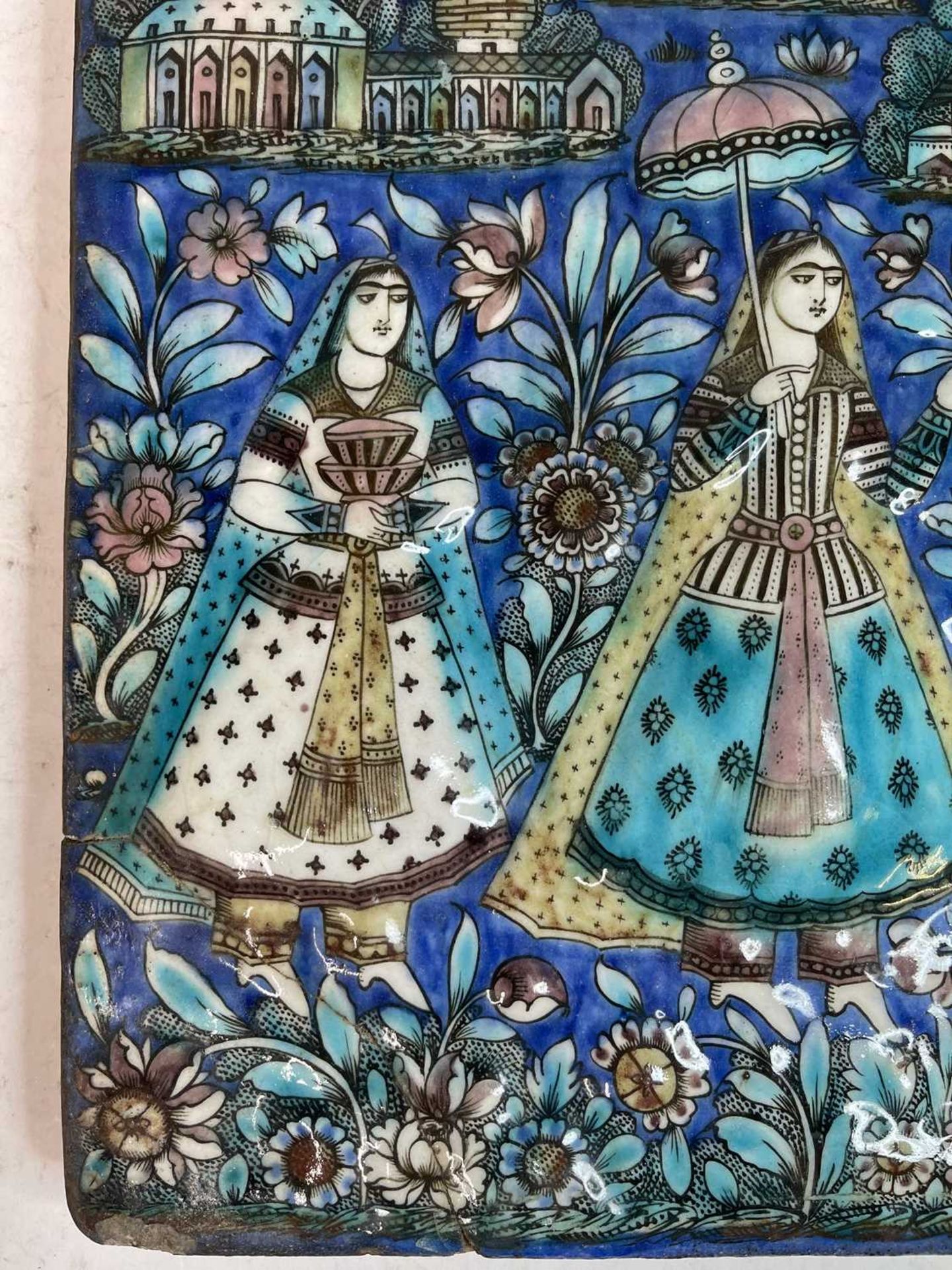 A near pair of Qajar pottery tiles, - Image 4 of 31