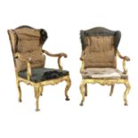 A pair of Italian carved giltwood wingback open armchairs,