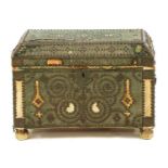 A small studded and cloth-bound chest,