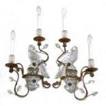 A pair of French glass and gilt metal 'parrot' wall sconces,