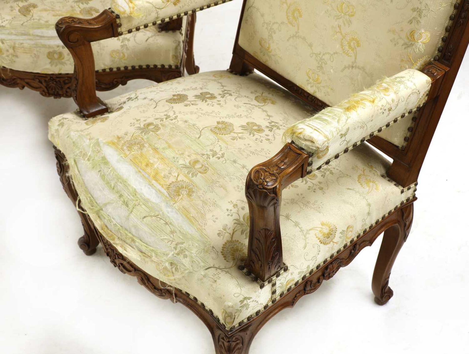 A set of four French Regency-style walnut elbow chairs, - Image 4 of 5
