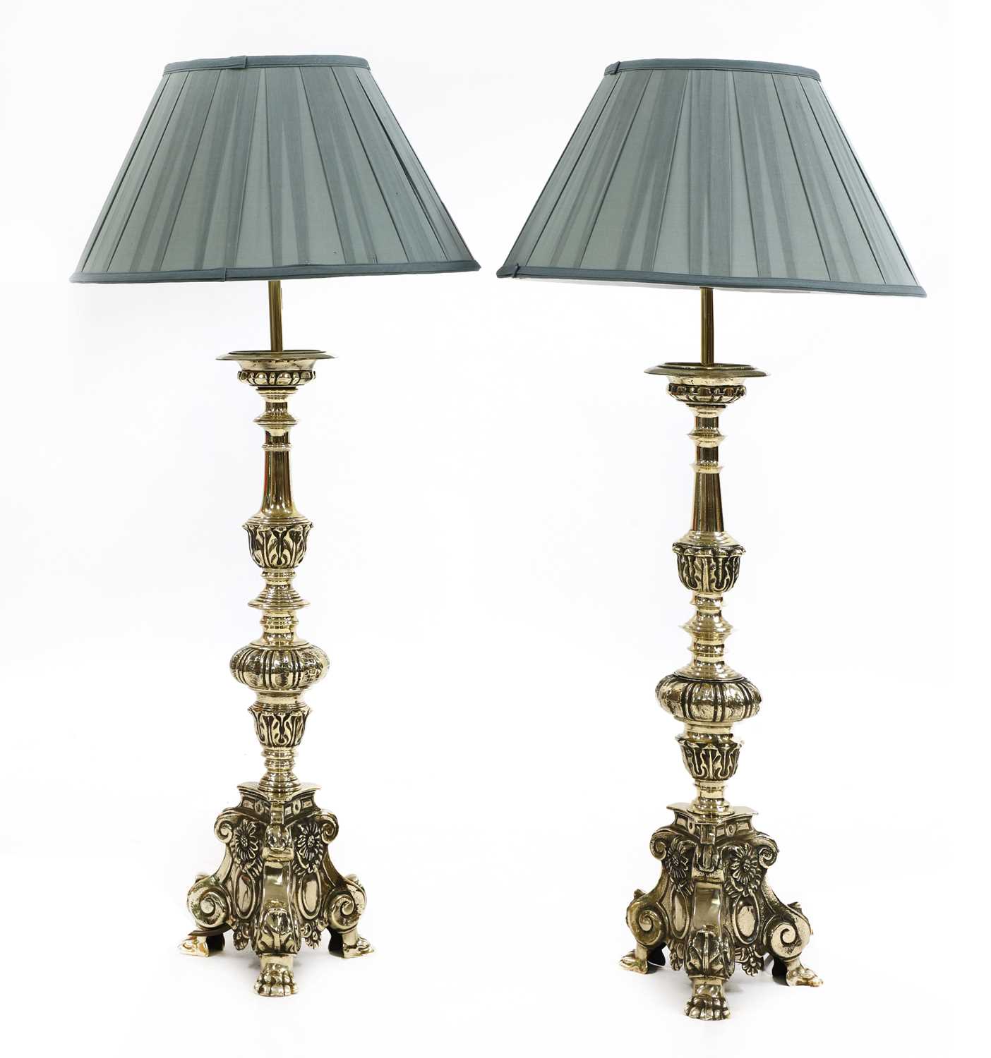 A matched pair of Dutch-style brass altar candlestick table lamps