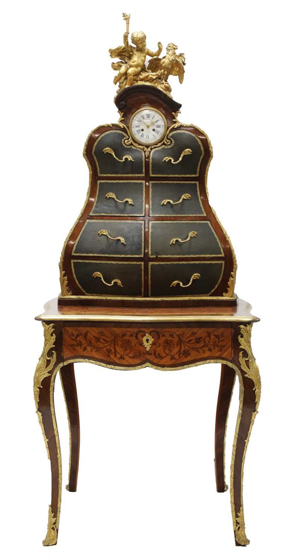 An extraordinary Louis XV-style rosewood marquetry and gilt-bronze writing table and cartonnier,