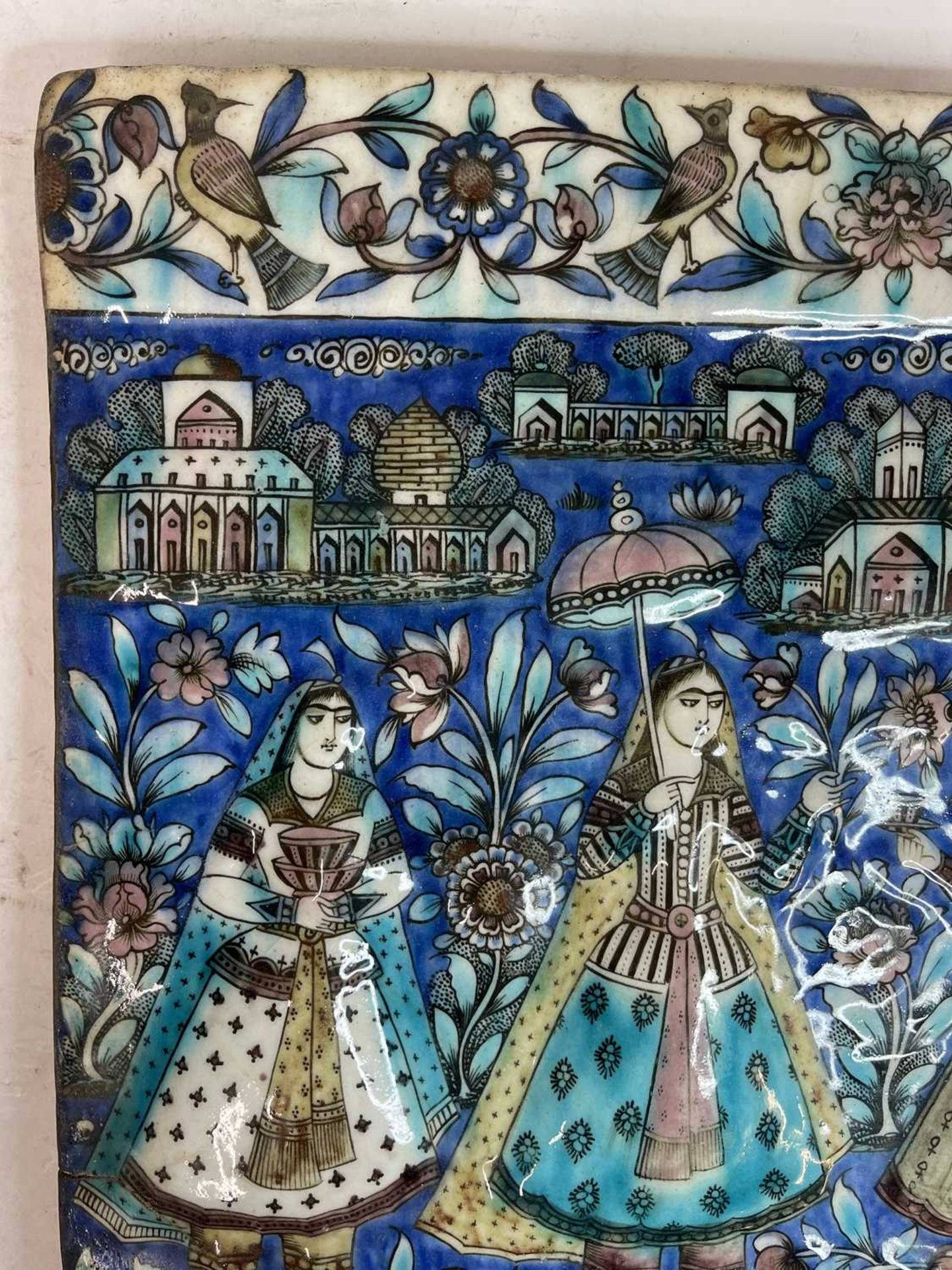 A near pair of Qajar pottery tiles, - Image 17 of 31