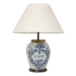 A blue and white delftware vase table lamp and shade,