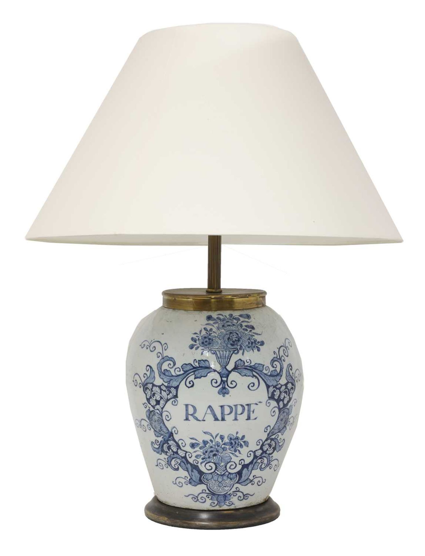 A blue and white delftware vase table lamp and shade,