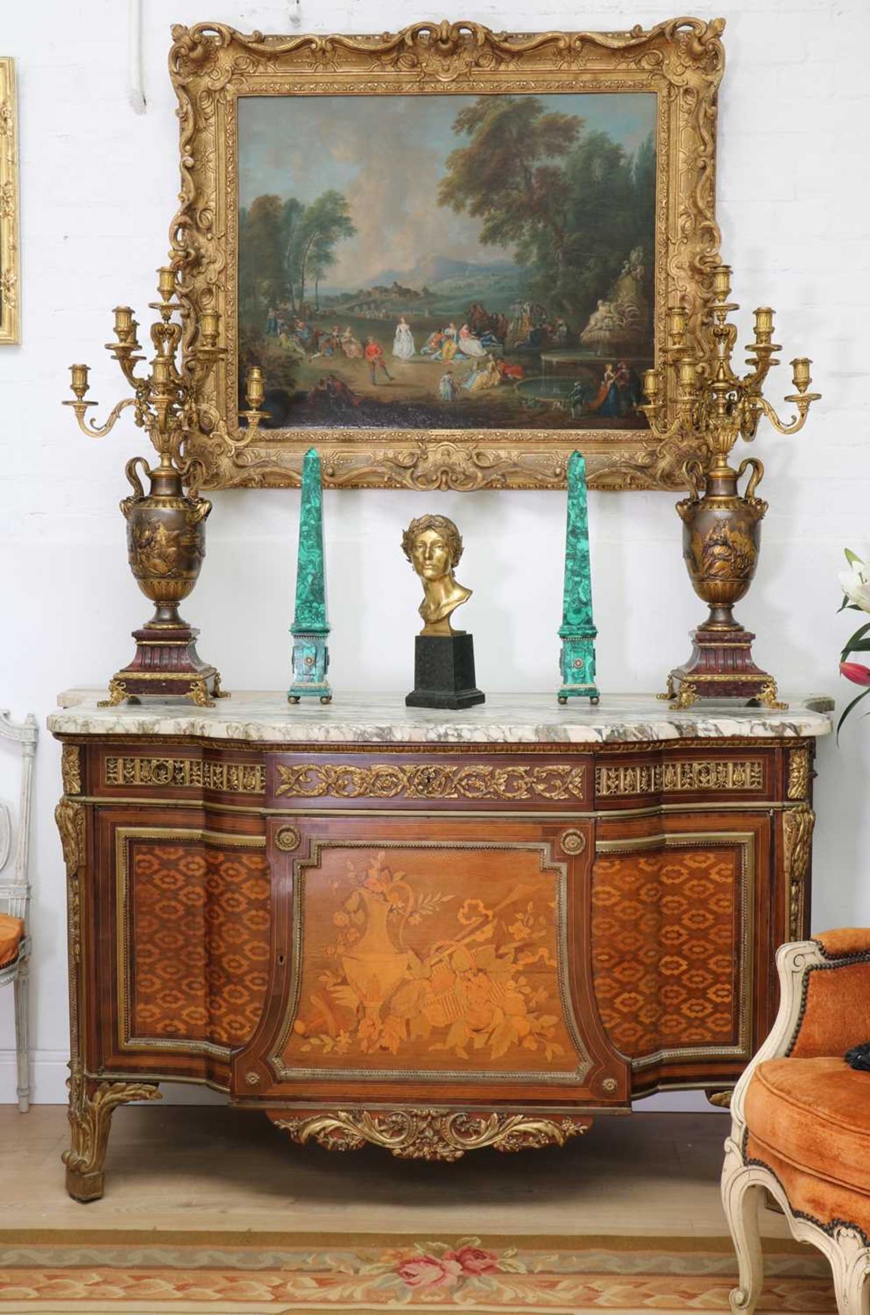 A Louis XVI-style inlaid, parquetry and mahogany marble top commode, - Image 2 of 9