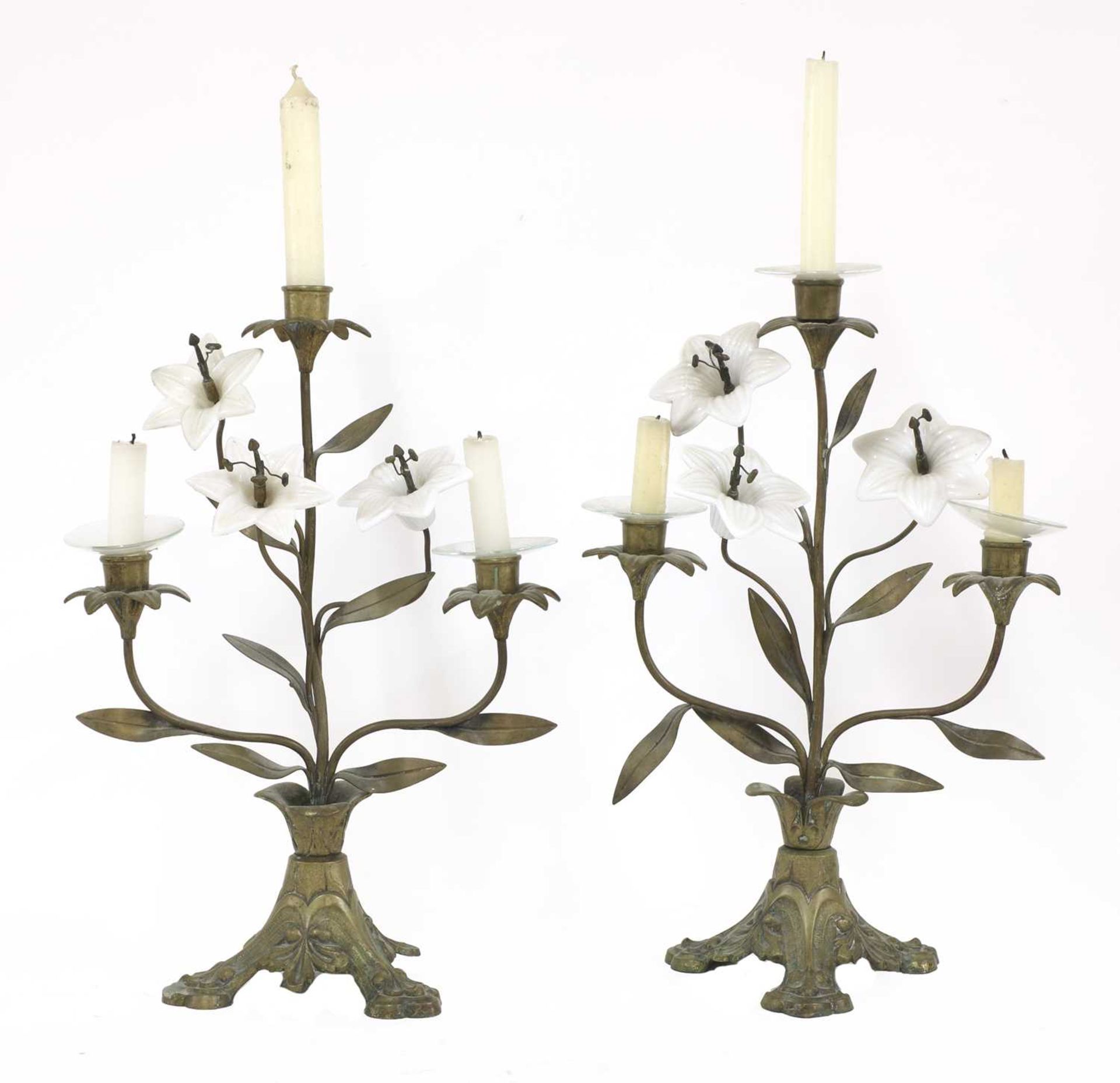 A pair of opaline glass and gilt metal three-light candelabra,