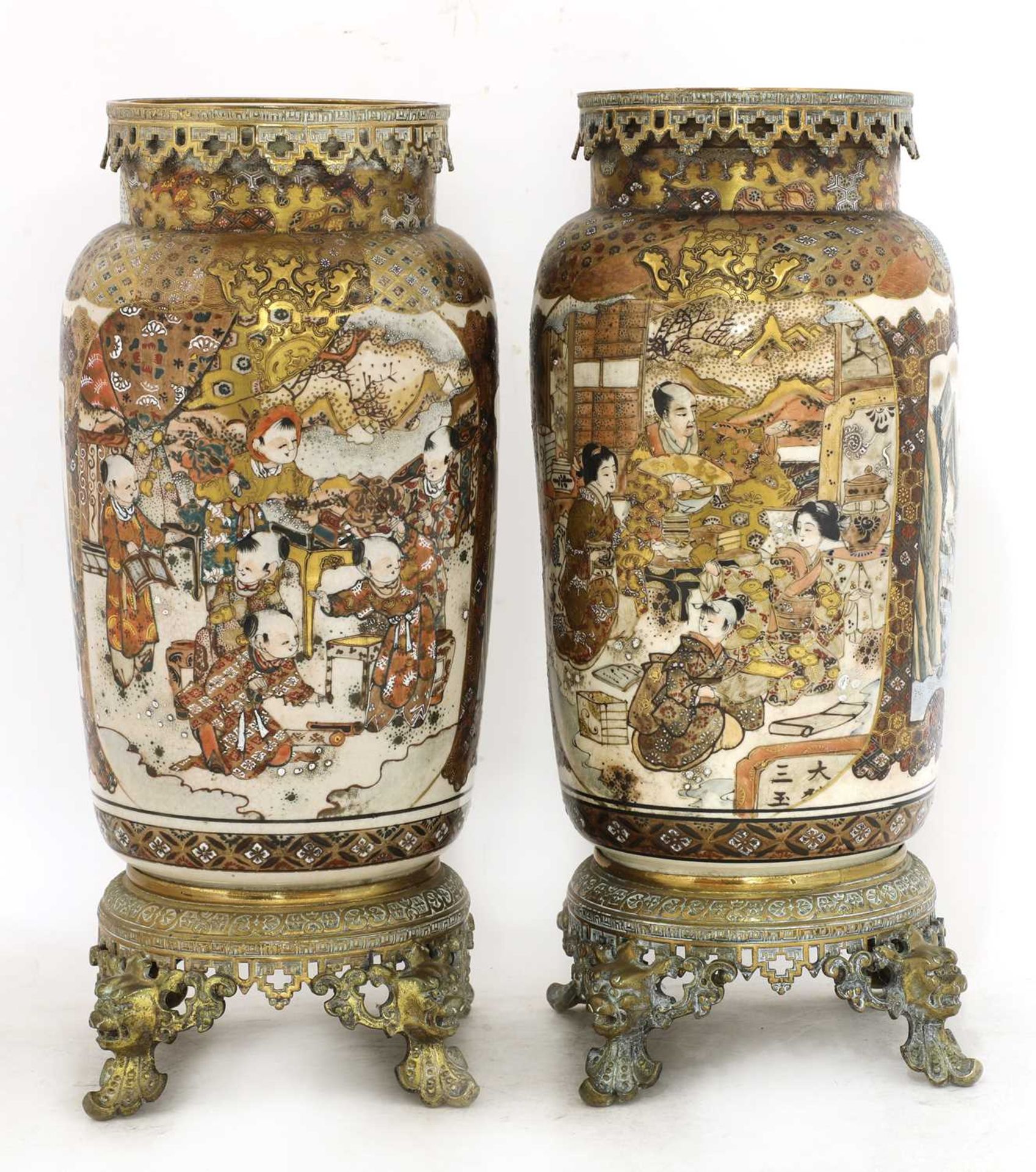 A pair of large Satsuma and gilt-metal mounted vases, - Image 3 of 4