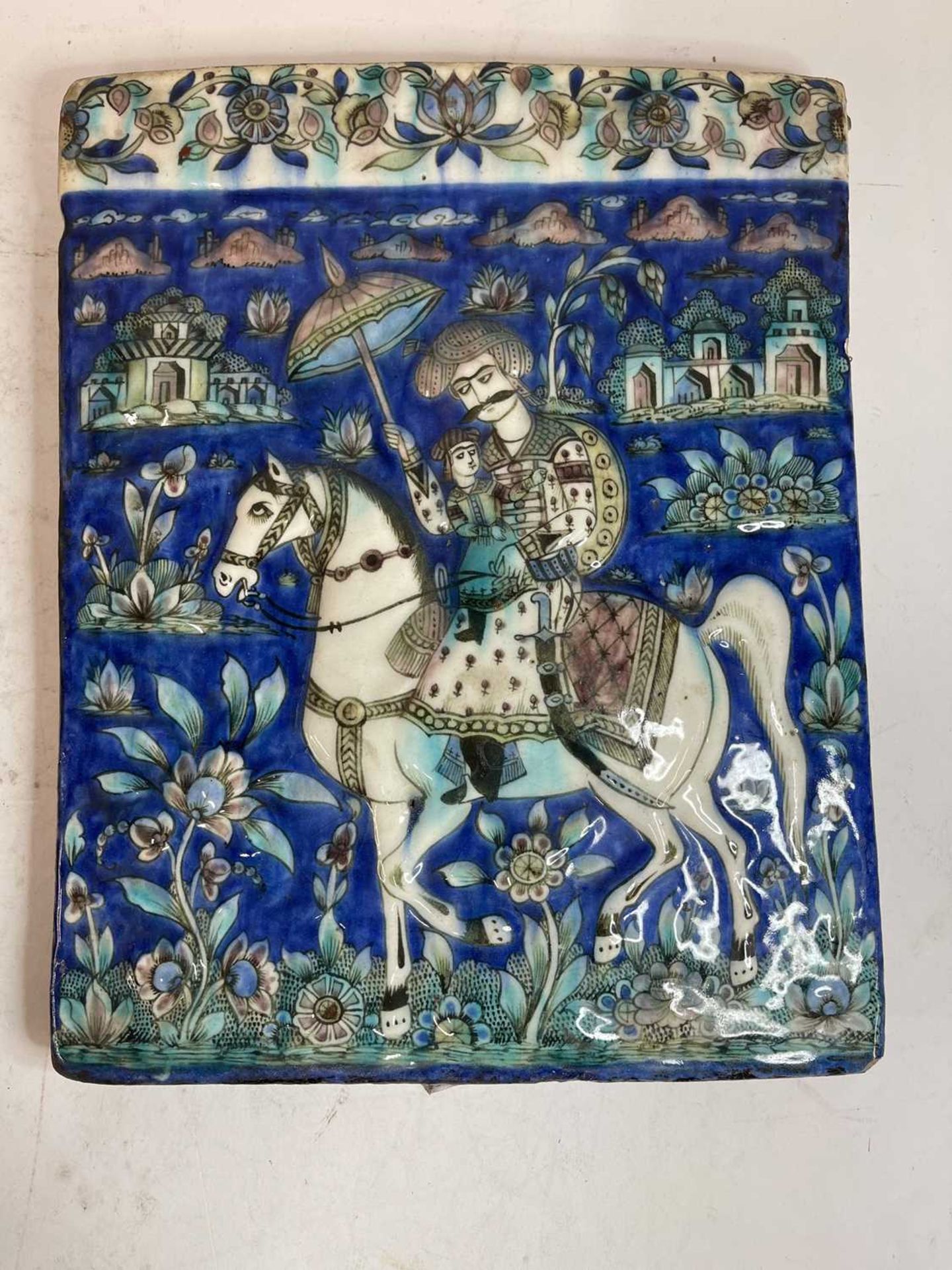 A near pair of Qajar pottery tiles, - Image 19 of 31