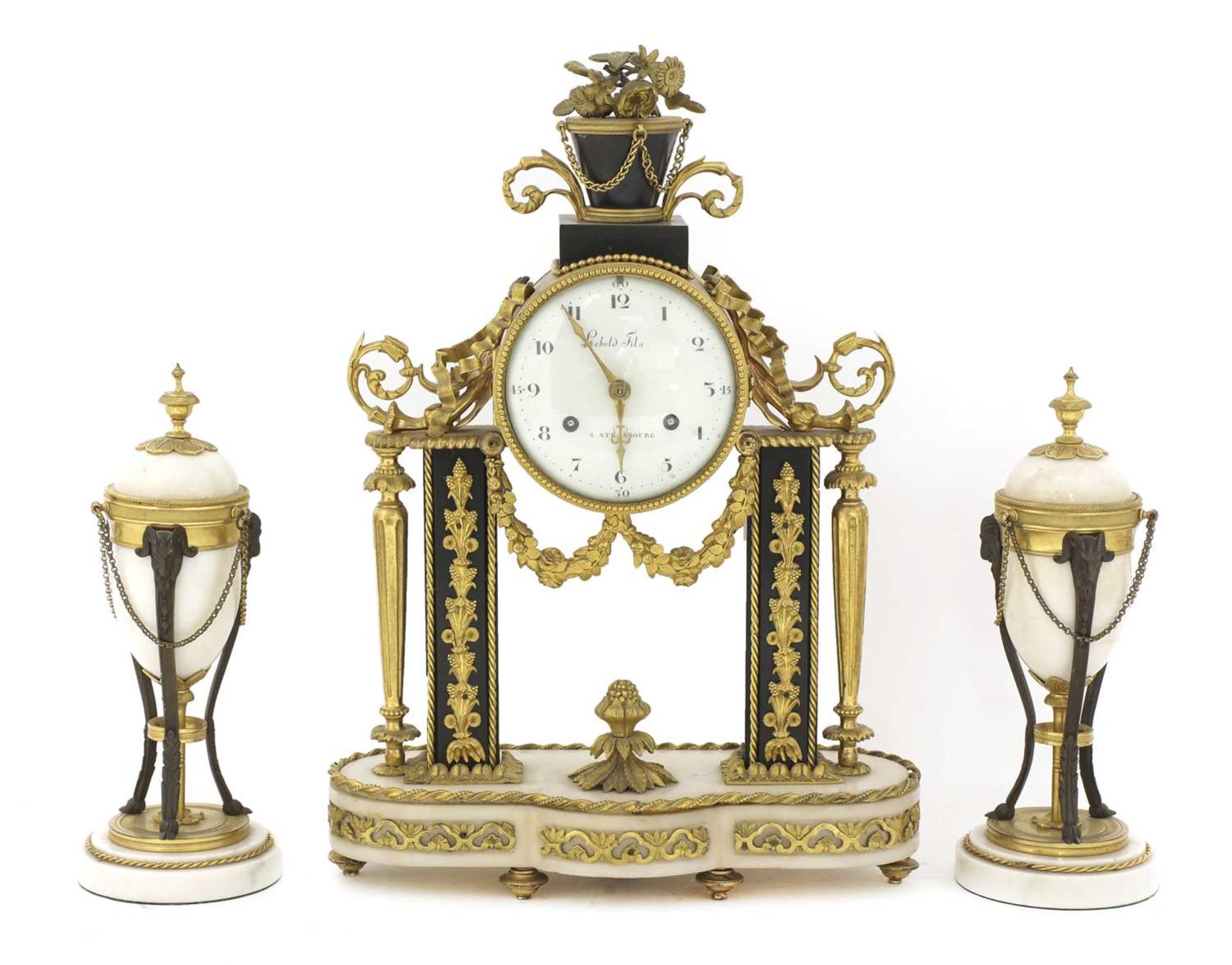 A matched French ormolu and marble clock garniture,