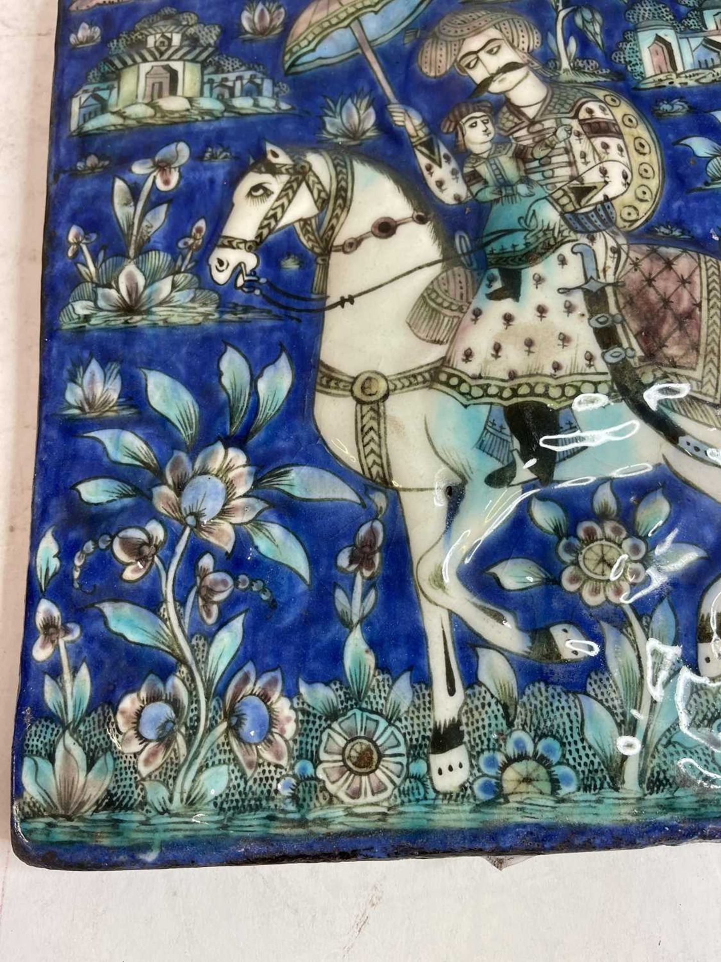 A near pair of Qajar pottery tiles, - Image 3 of 31