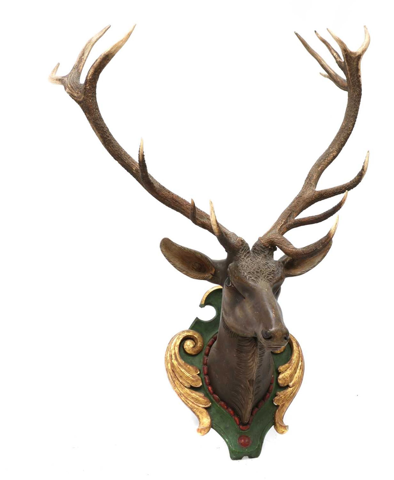 A carved and polychrome painted wooden stag head, - Image 2 of 3