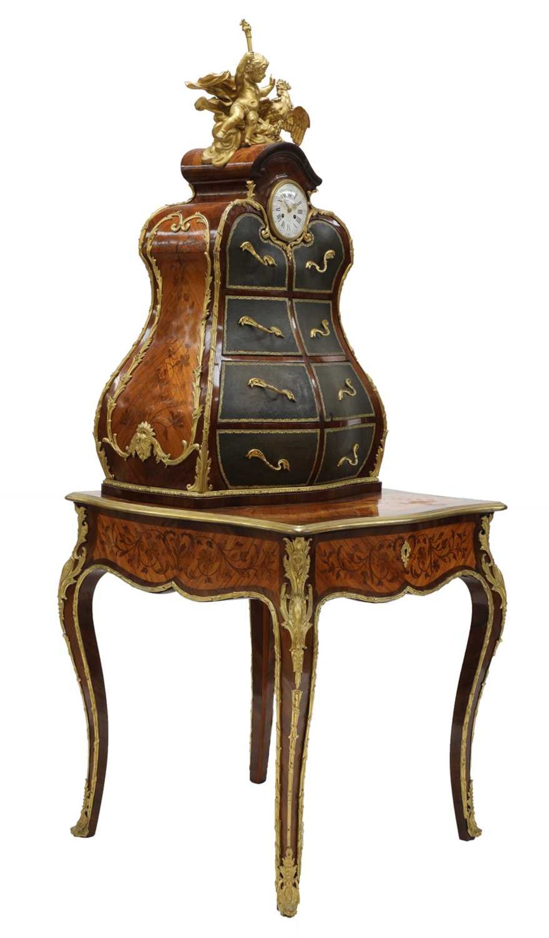 An extraordinary Louis XV-style rosewood marquetry and gilt-bronze writing table and cartonnier, - Image 2 of 11