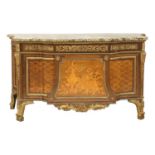 A Louis XVI-style inlaid, parquetry and mahogany marble top commode,