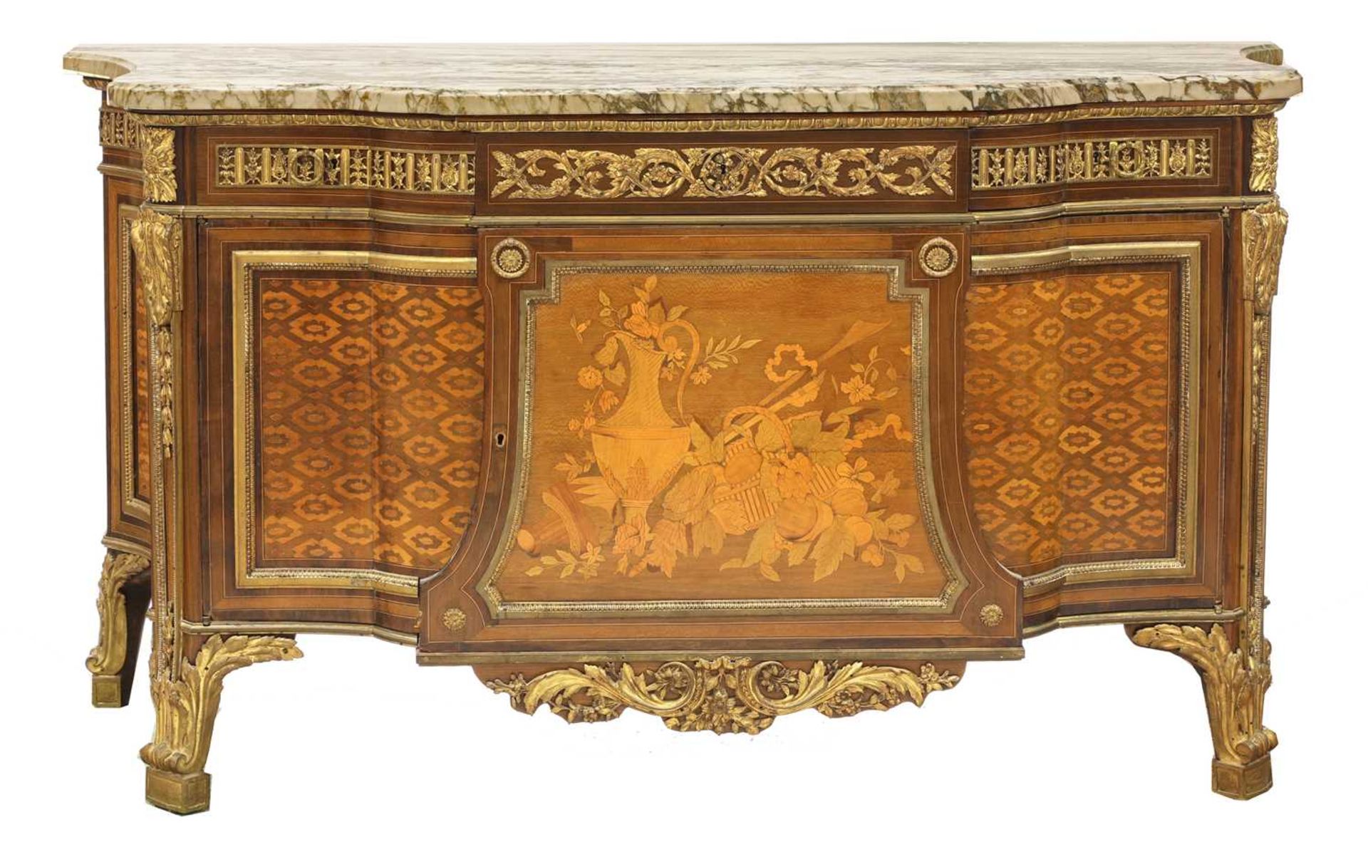 A Louis XVI-style inlaid, parquetry and mahogany marble top commode,