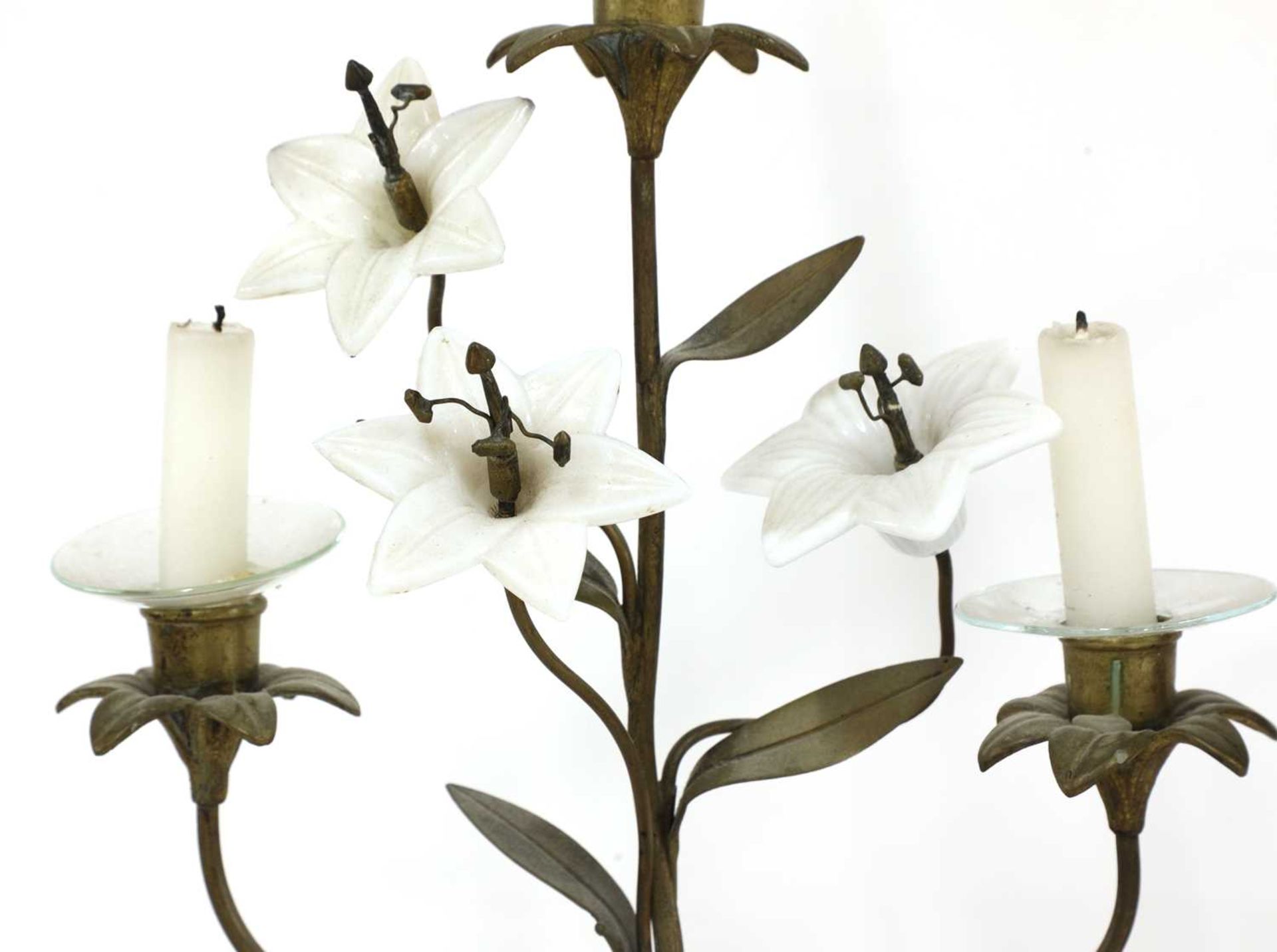 A pair of opaline glass and gilt metal three-light candelabra, - Image 2 of 3