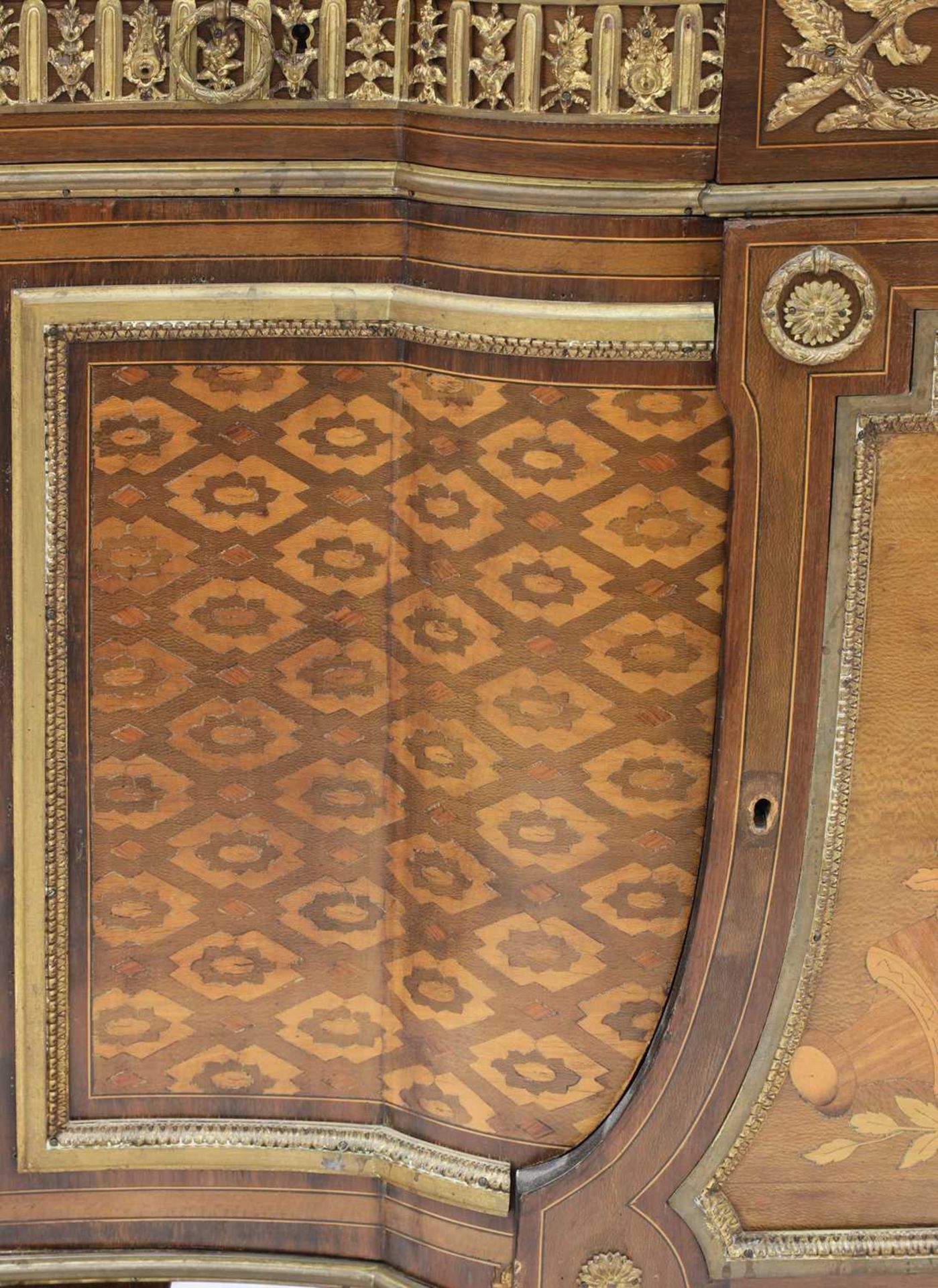 A Louis XVI-style inlaid, parquetry and mahogany marble top commode, - Image 5 of 9