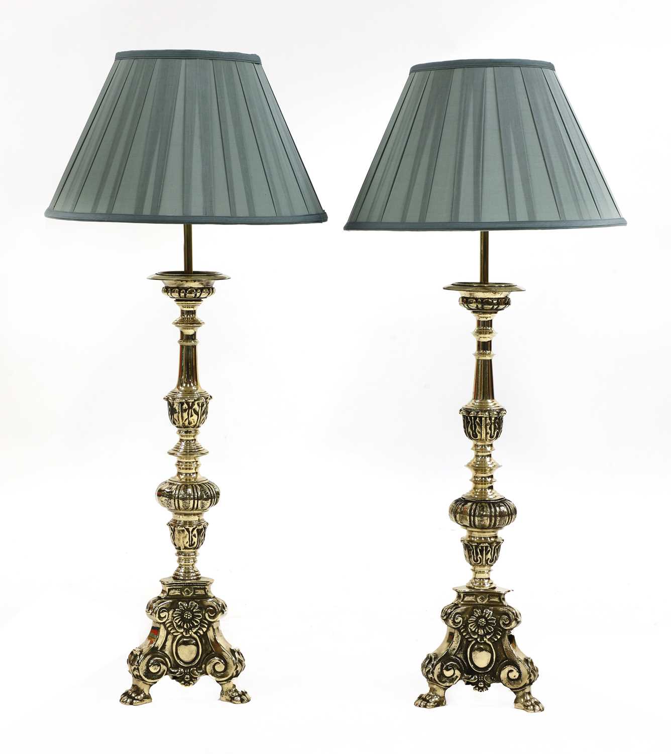 A matched pair of Dutch-style brass altar candlestick table lamps - Image 2 of 3
