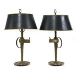 A pair of Victorian brassed metal lacemaker's lamps,