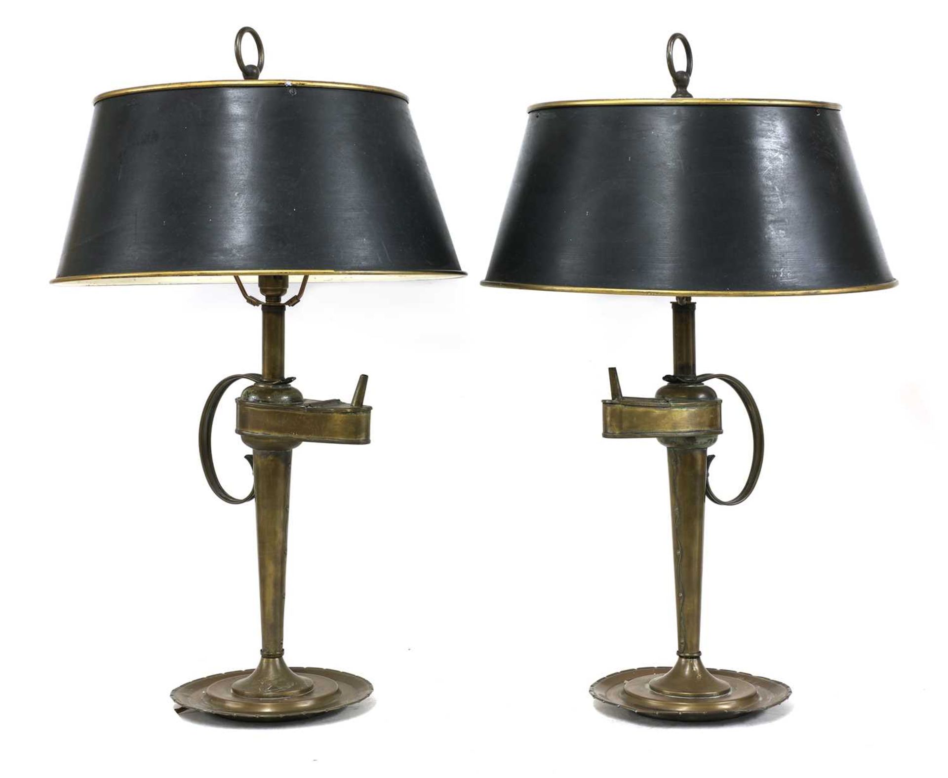 A pair of Victorian brassed metal lacemaker's lamps,