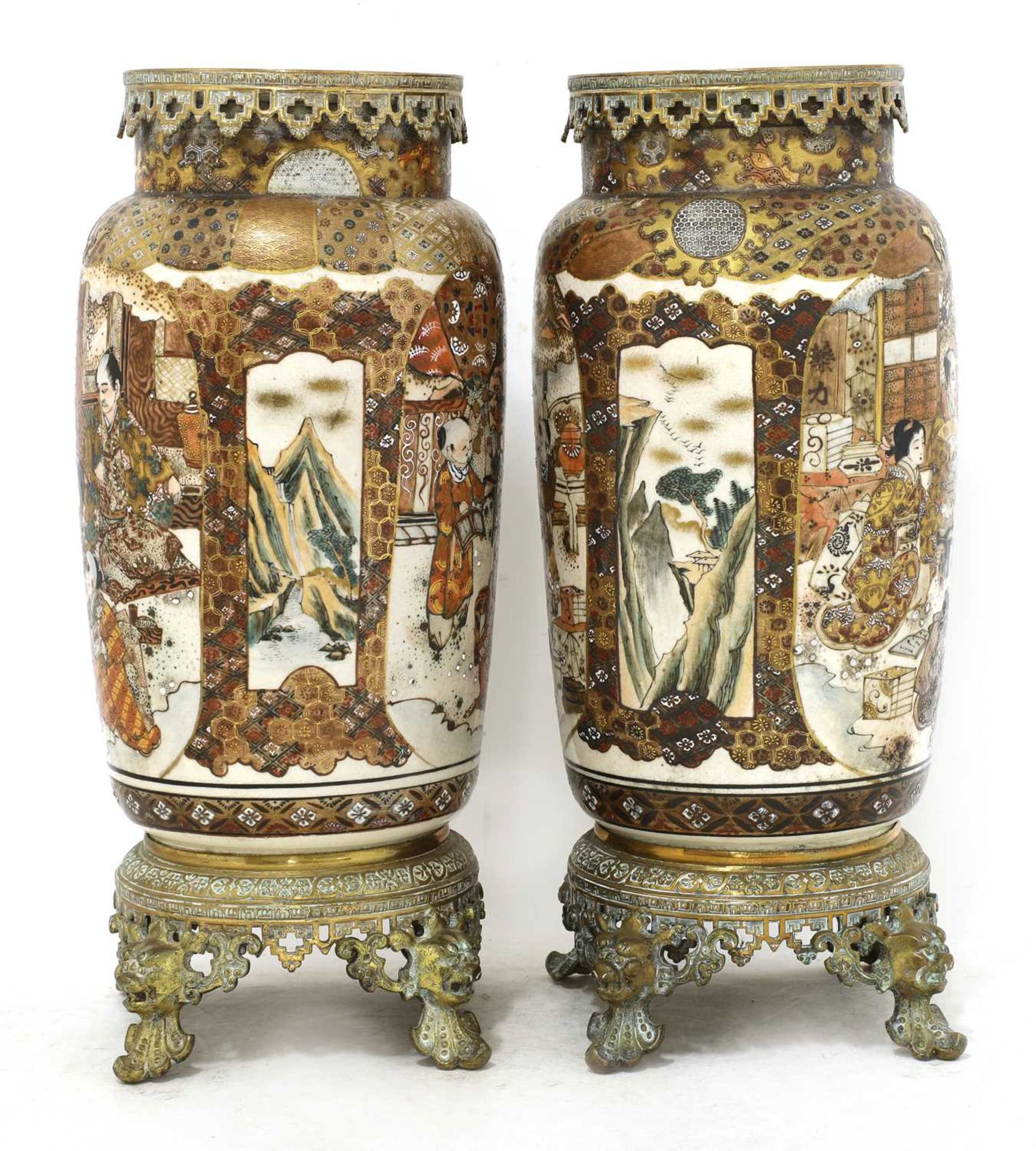 A pair of large Satsuma and gilt-metal mounted vases, - Image 4 of 4