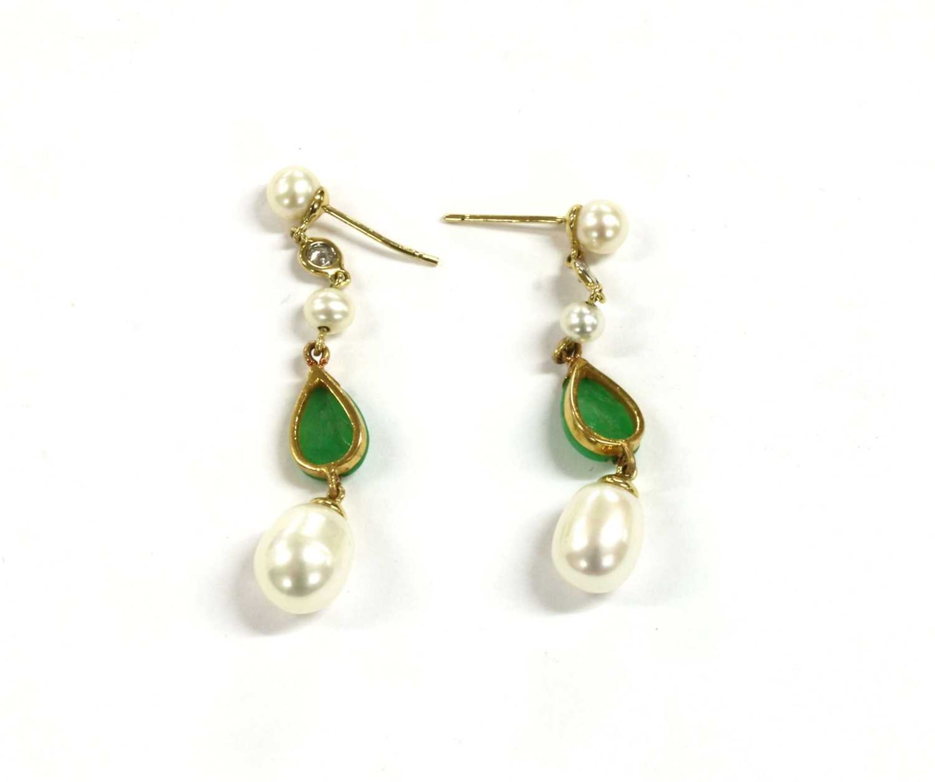 A pair of gold cultured freshwater pearl, jade and diamond drop earrings, - Image 2 of 2