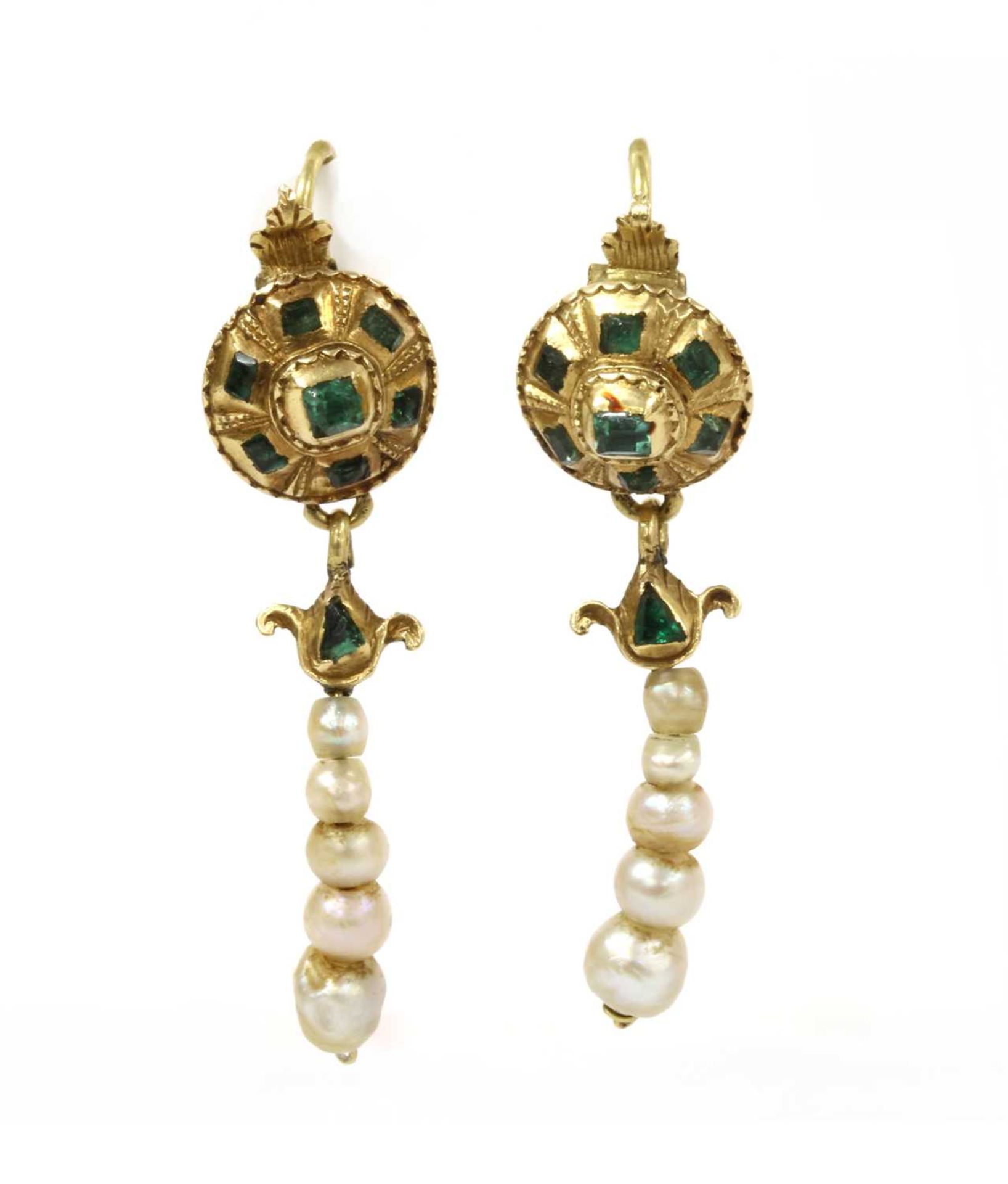 A pair of Continental gold emerald and pearl drop earrings,