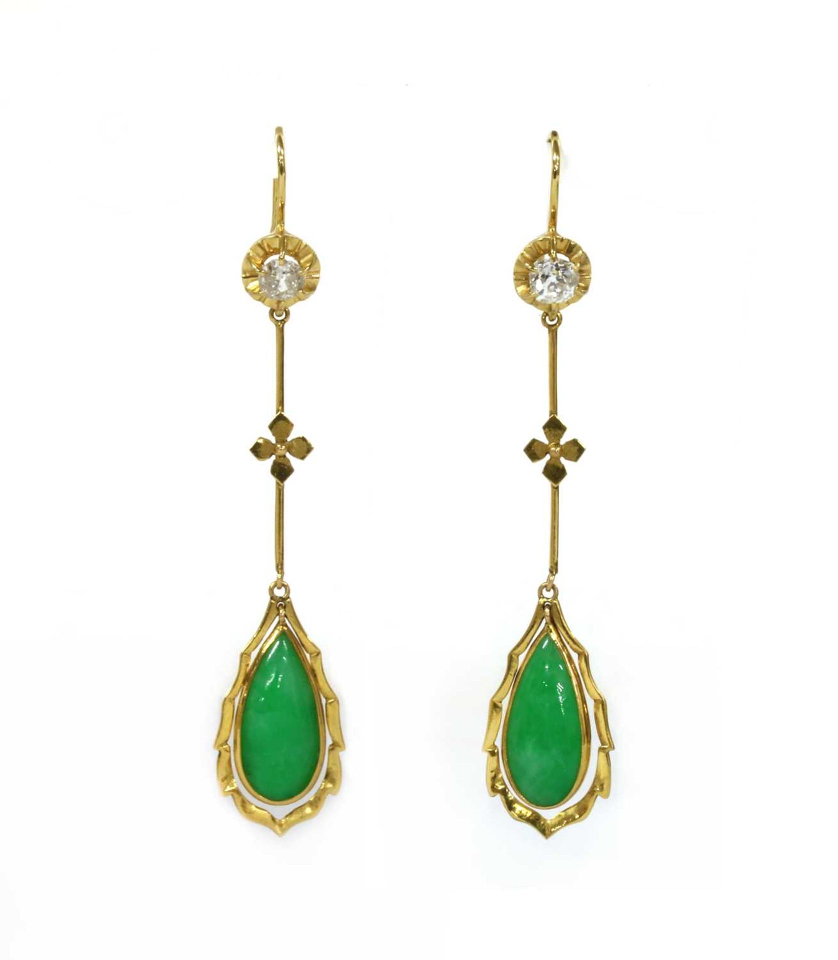 A pair of gold jade and diamond drop earrings,