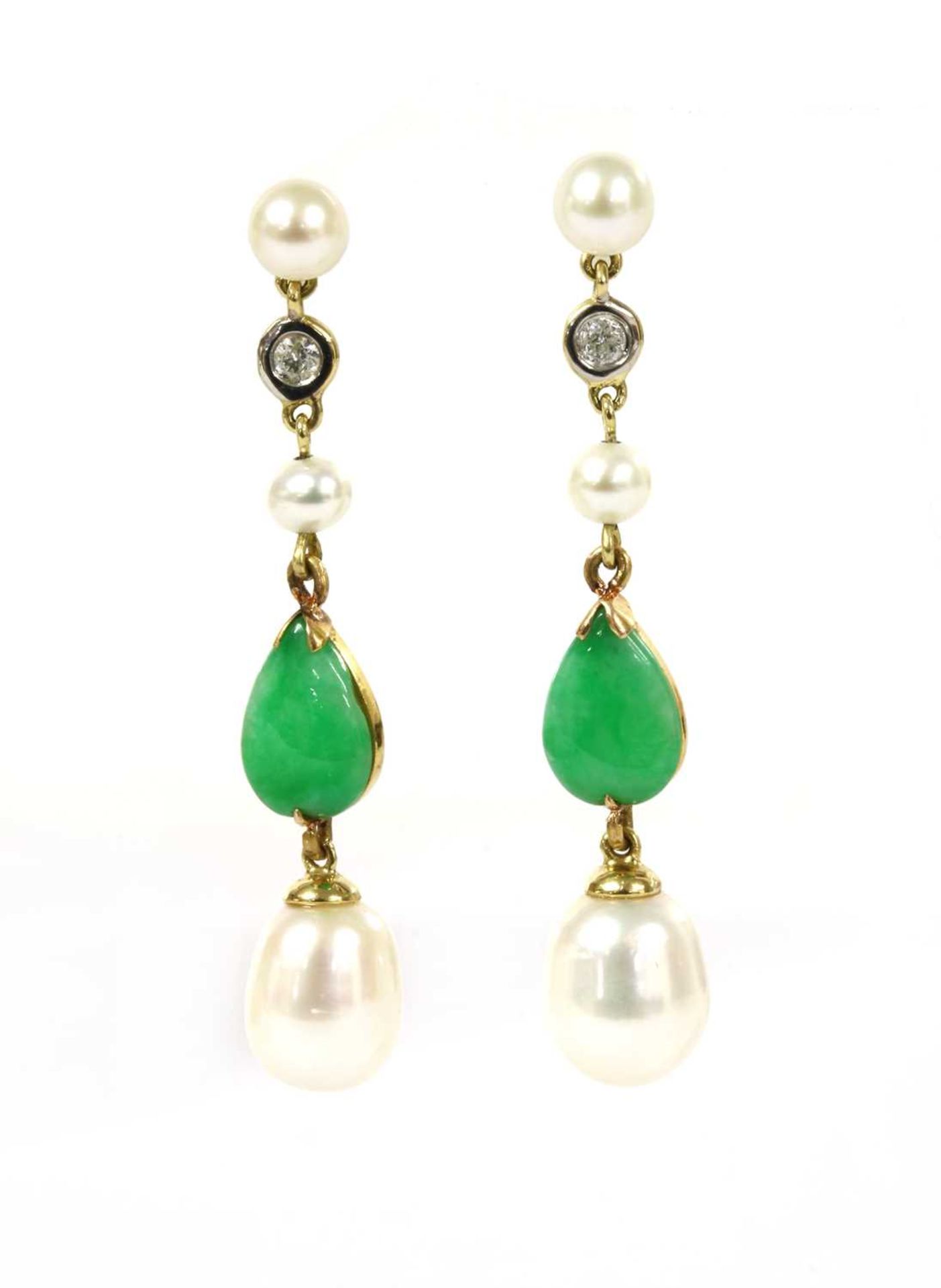 A pair of gold cultured freshwater pearl, jade and diamond drop earrings,