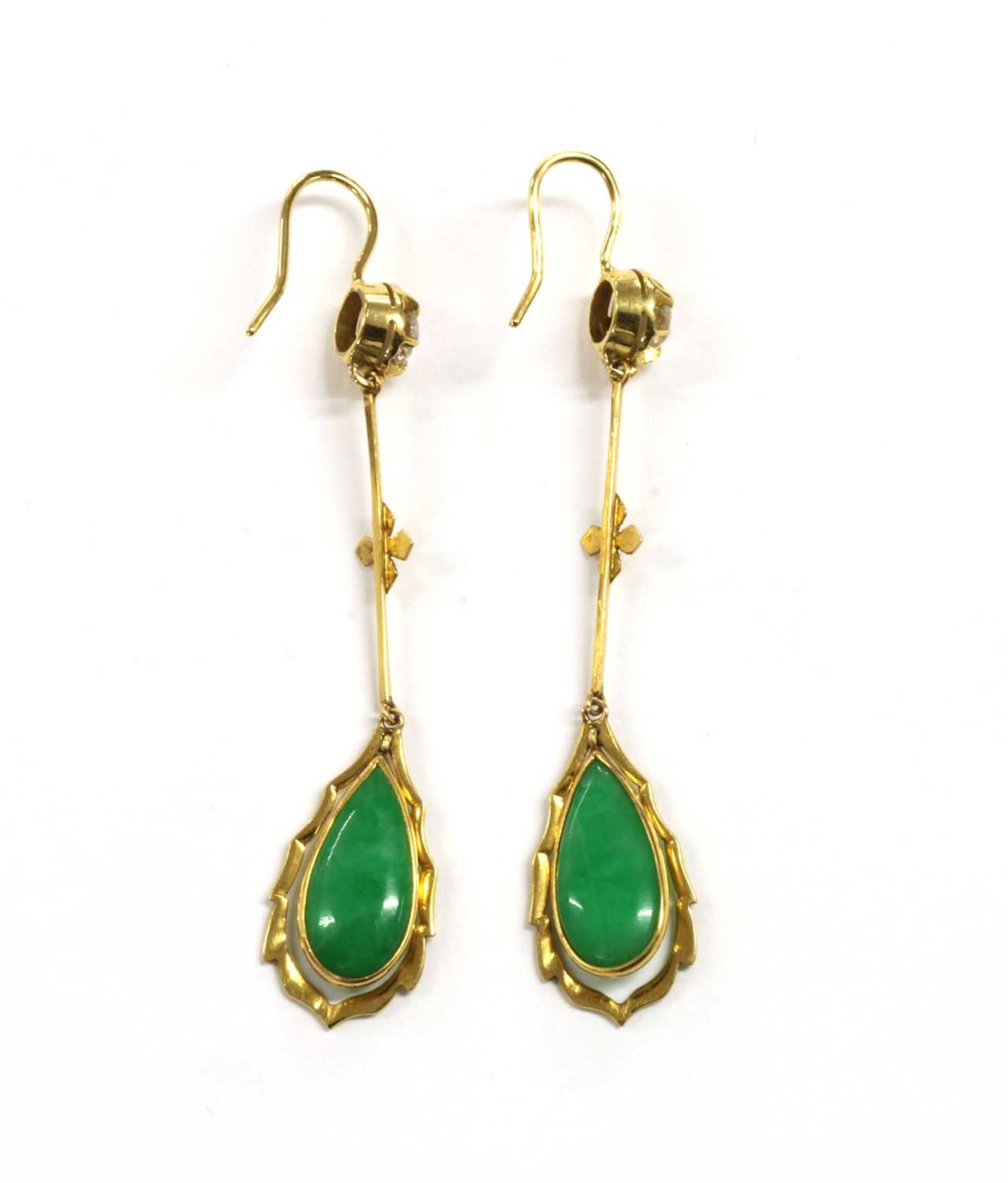 A pair of gold jade and diamond drop earrings, - Image 2 of 2