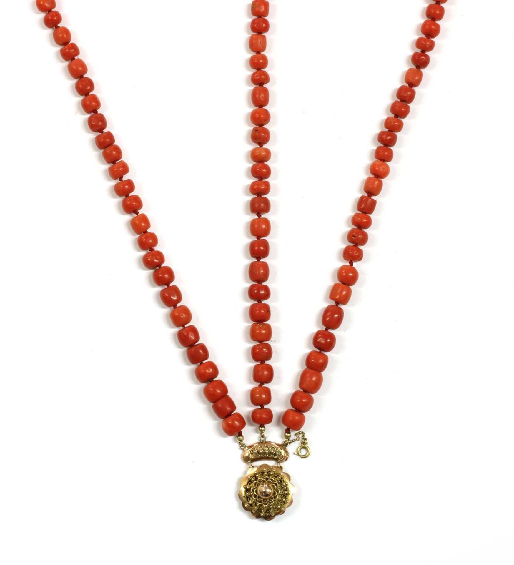 A Dutch three row coral bead necklace,