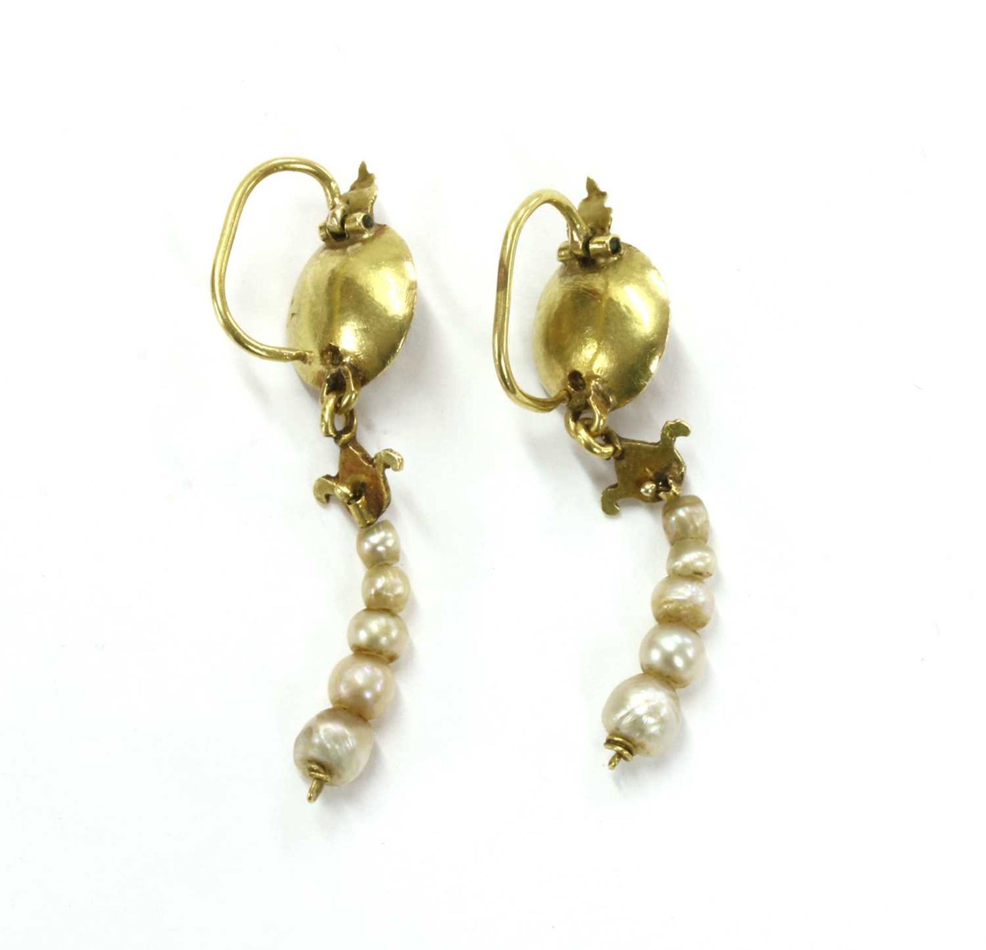 A pair of Continental gold emerald and pearl drop earrings, - Image 2 of 2