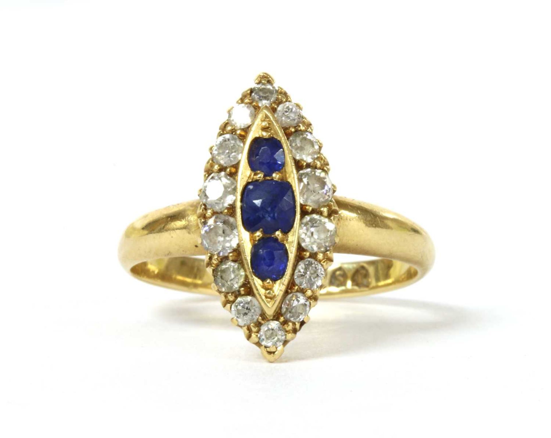 An Edwardian 18ct gold sapphire and diamond marquise cluster ring,