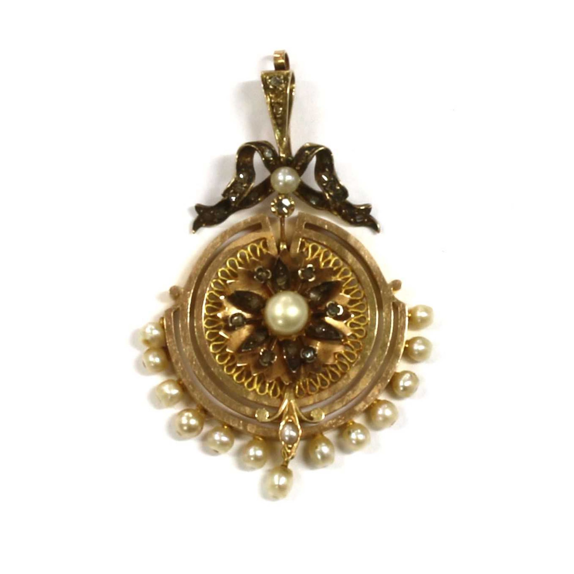 A Continental gold pearl and diamond pendant,