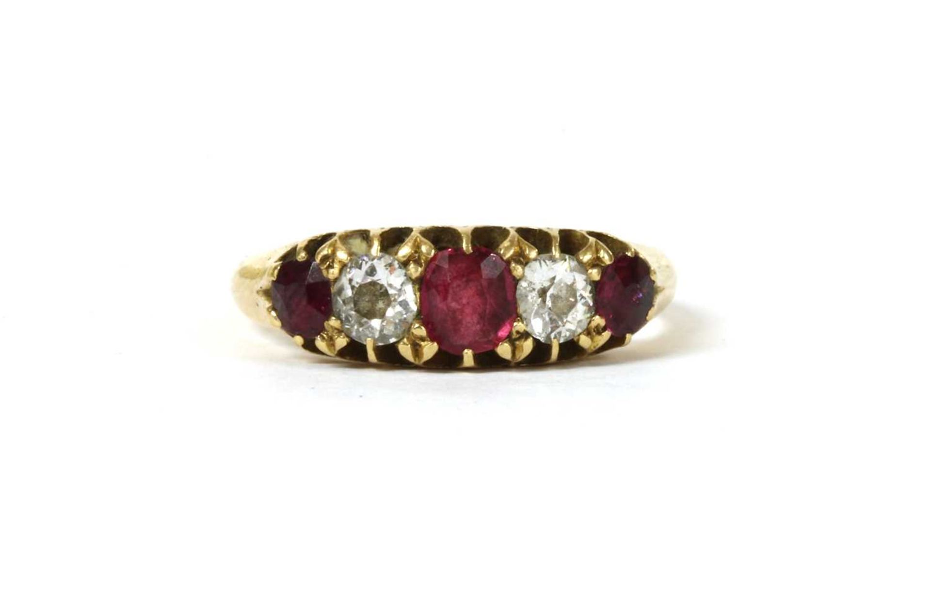 A Victorian 18ct gold ruby and diamond five stone ring,