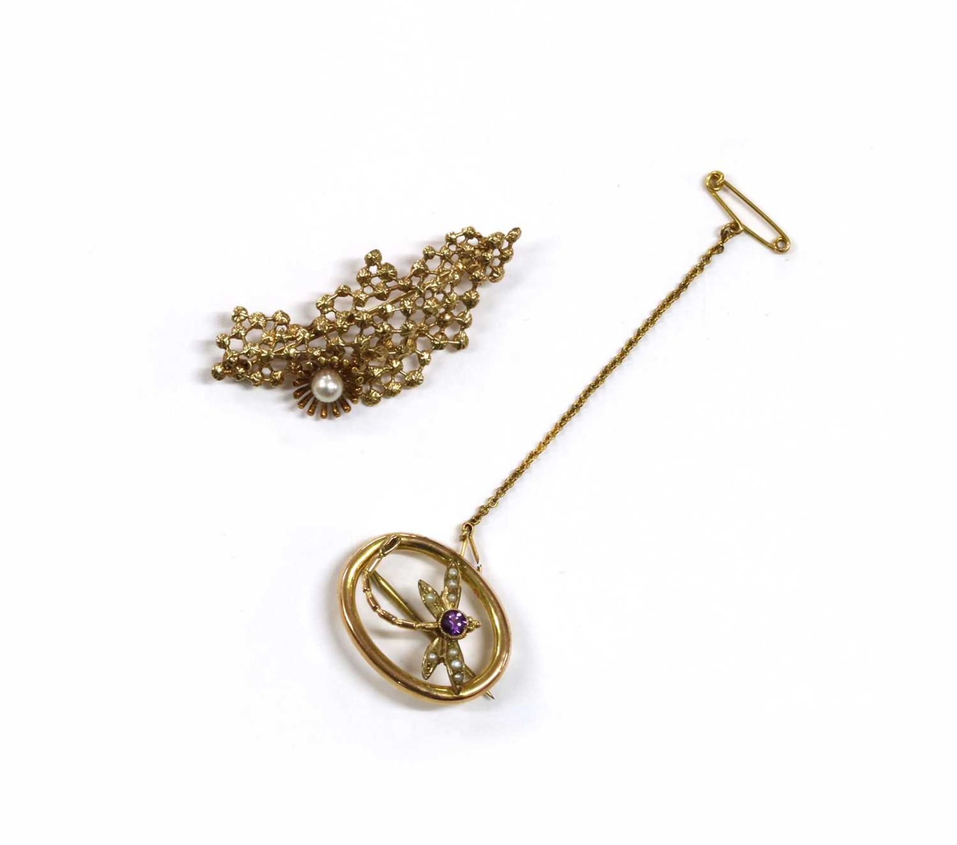 An Edwardian gold amethyst and split pearl dragonfly brooch,