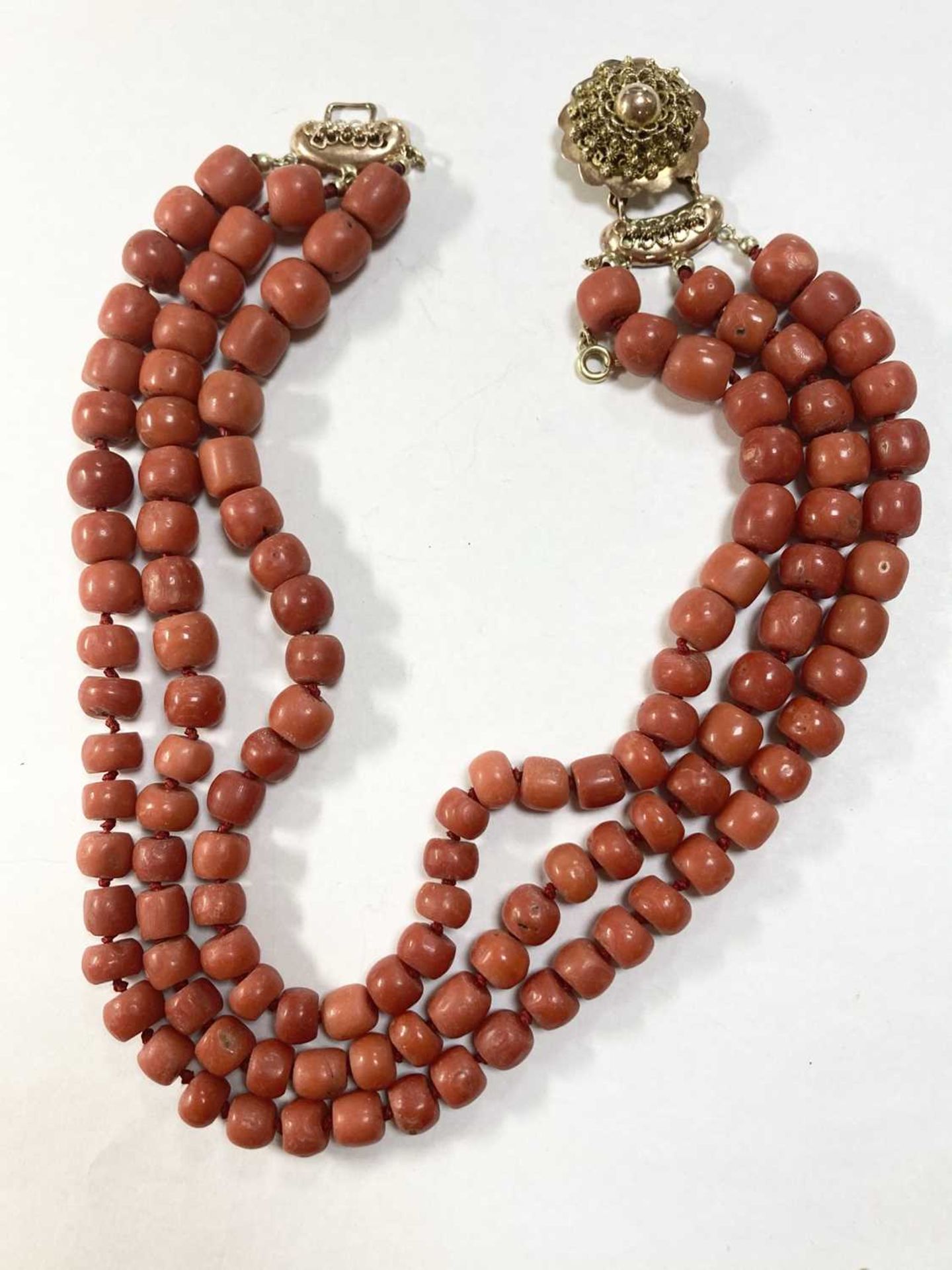 A Dutch three row coral bead necklace, - Image 3 of 5