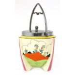 A Clarice Cliff 'Applique Idyll' biscuit barrel and cover,