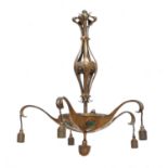 An Arts and Crafts copper five-branch electrolier,