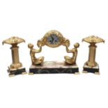 A French marble and painted spelter clock garniture,
